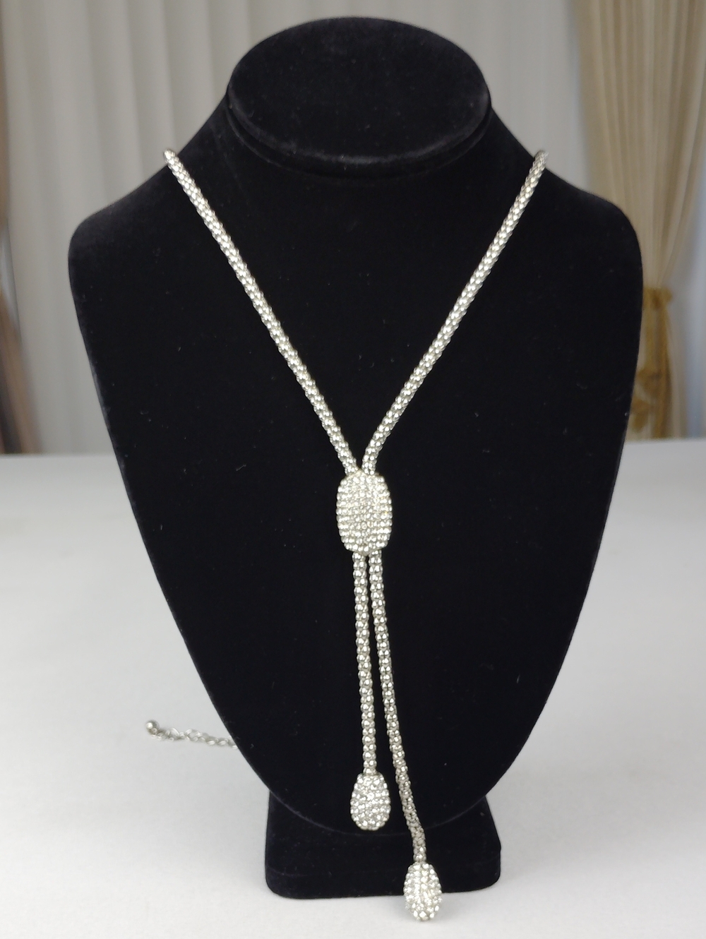 Chico's Silver Tone Crystal Lariat Necklace .